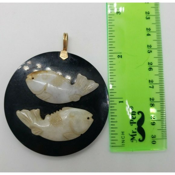 OOAK Green Carved Fish Jadeite Jade Black Onyx Round 14K Yellow Gold Pendant - Picture 6 of 12